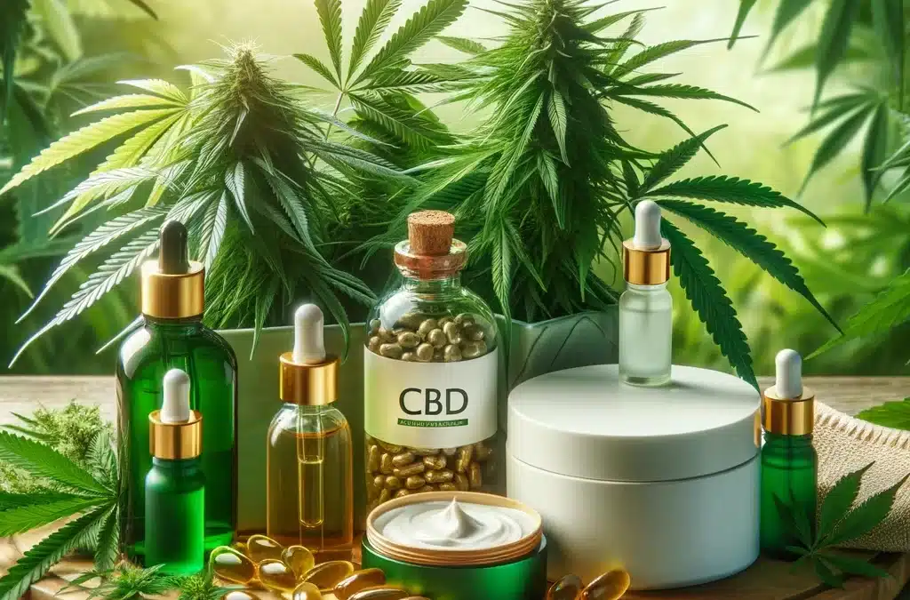 DALL·E 2024 02 10 15.11.35 A serene and professional composition for a blog featuring hemp plants in the foreground with lush green leaves and a variety of CBD products such