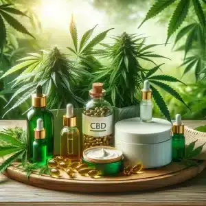 DALL·E 2024 02 10 15.11.35 A serene and professional composition for a blog featuring hemp plants in the foreground with lush green leaves and a variety of CBD products such