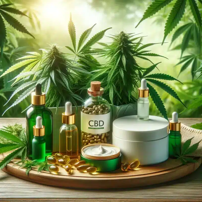 DALL·E 2024 02 10 15.11.35 A serene and professional composition for a blog featuring hemp plants in the foreground with lush green leaves and a variety of CBD products such