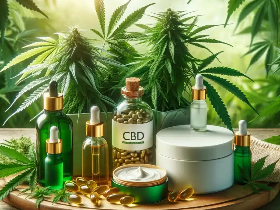 DALL·E 2024 02 10 15.11.35 A serene and professional composition for a blog featuring hemp plants in the foreground with lush green leaves and a variety of CBD products such